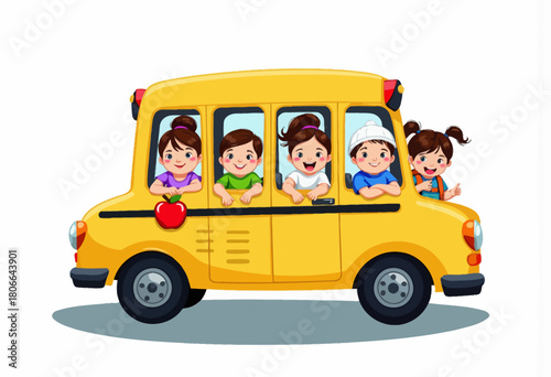 Illustration of cheerful children happily riding a classic yellow school bus on a fun journey, showcasing youthful joy and the excitement of a school day adventure