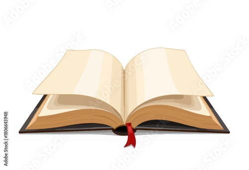 Illustration of an Open Hardcover Book with a Red Bookmark on a Plain Background, Highlighting the Pages and Binding Details of the Cover