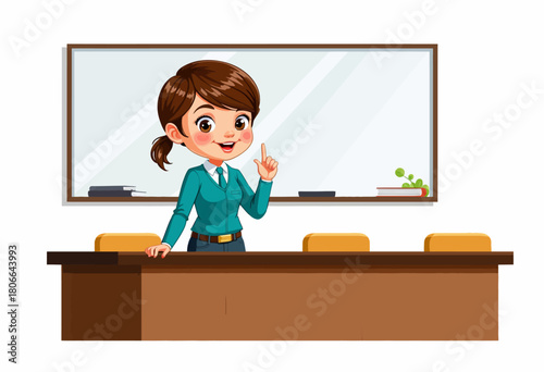 Animated Illustration of a Teacher Giving a Lesson in Front of a Classroom with a Whiteboard and Desk Background