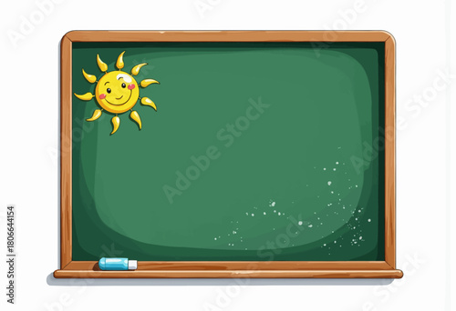 Illustration of a clean wooden-framed green chalkboard featuring a cheerful sun graphic in the corner and a small piece of blue chalk resting on the ledge