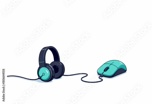 Illustration of Black and Teal Headphones Connected to Teal Wired Mouse on White Background, Showing Technology and Connectivity Concept