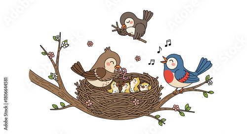 A charming cartoon illustration of a bird family in a nest, with a mother feeding her hungry chicks while other birds sing joyfully on a spring branch