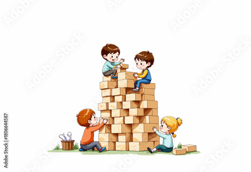 Children Building a Tower of Wooden Blocks in a Collaborative Play Session Emphasizing Teamwork and Creativity on a Bright Sunny Day Outdoors