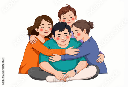 Heartwarming illustration of a joyful group hug capturing a family bond filled with love, comfort, and togetherness, highlighting emotional connection and support