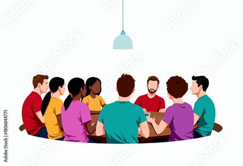 Diverse Group of Adults Engaged in Collaborative Discussion Around a Large Wooden Table Under a Hanging Light Fixture