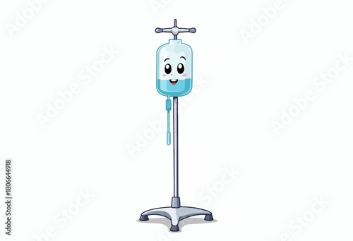 Illustration of a Smiling IV Drip on a Stand Featuring a Friendly Cartoon Face with Blue Liquid in a Medical Setting