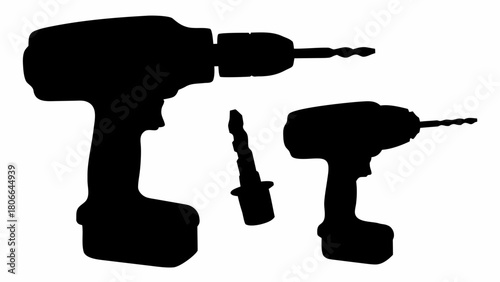 Silhouette of two cordless drills with a drill bit on a white background for construction work use