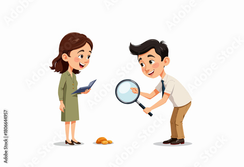 Animated illustration of two curious characters examining an intriguing object on the ground with excitement and a magnifying glass