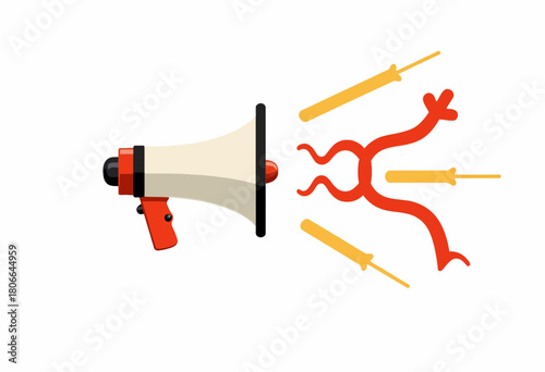 Illustration of a Megaphone with Dynamic Sound Waves and Exclamation Marks Emphasizing the Concept of Loud Communication and Attention