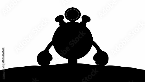 Silhouette of a round robot with arms and a gauge on top standing on a ground surface view