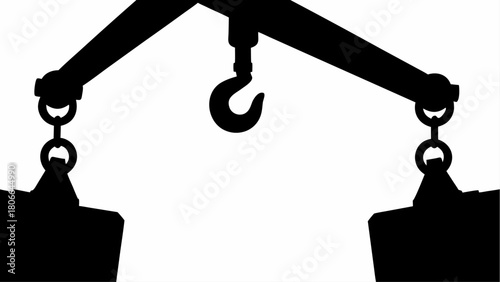 Silhouette of crane lifting two heavy objects with a hook in a stark black and white illustration