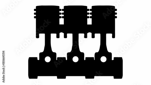 Silhouette of three engine pistons connected to a crankshaft in a black and white illustration