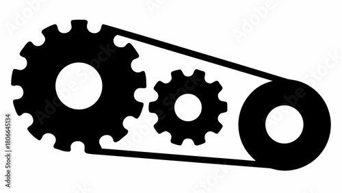 Black silhouette of three gears connected by a belt on a white background forming a mechanism
