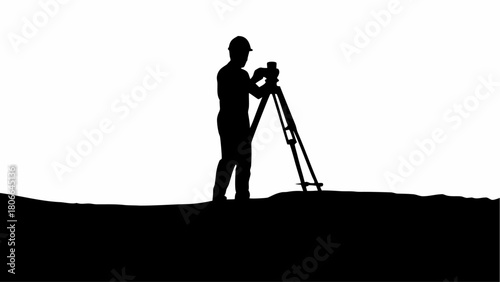 Silhouette of surveyor using surveying equipment on a terrain against a white background landscape view
