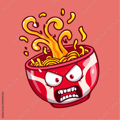 An illustrated, Angry Bowl of Hot, Steaming Noodles with a Grumpy Face and a Fiery Temper, Evoking Feelings of Intense Hunger or a Spicy Meal Experience