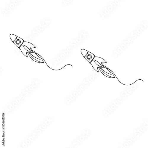 Space rocket launch, continuous line art, minimalist outline vector
