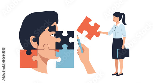 A Woman Placing the Final Piece of a Jigsaw Puzzle into a Man's Head