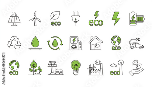Eco & Ecology Icon Set – Sustainable, Green Energy, Recycling, Nature and Environmental Symbols