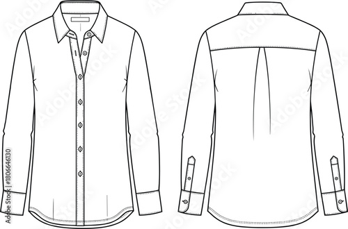 Women's long sleeve classic collared button-up woven shirt technical fashion flat sketch vector template with front and back view, apparel illustration.