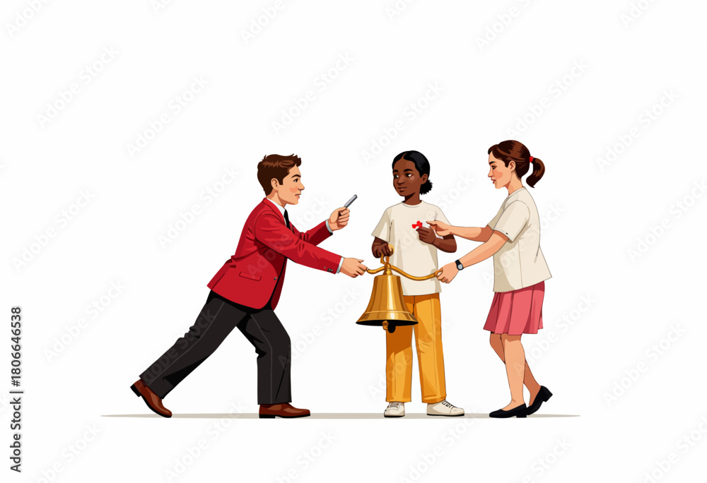 Naklejka premium A Diverse Group of Students Engaged in a School Activity Involving a Bell and a Timer with Enthusiastic Participation and Interaction