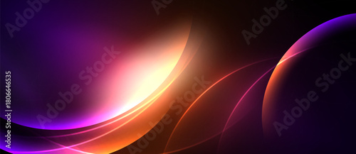 Abstract flowing shapes, vibrant colors blend. Purple, orange, pink create dynamic visual effect. Smooth gradients suggest movement, energy.