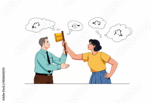 Illustration of two people engaged in a friendly debate, exchanging ideas represented by speech bubbles while holding a symbolic gavel between them