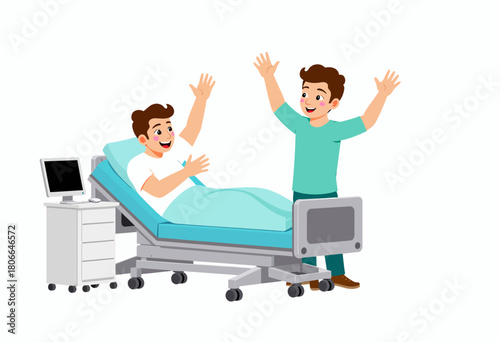 Cheerful Hospital Scene with a Patient in Bed and a Friend Celebrating with Hands Raised in a Bright Medical Room Environment