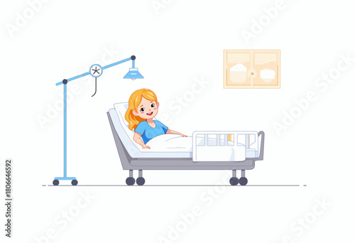 Illustration of a Young Patient Resting in a Hospital Bed with Medical Equipment and a Wall Chart in a Serene Healthcare Setting