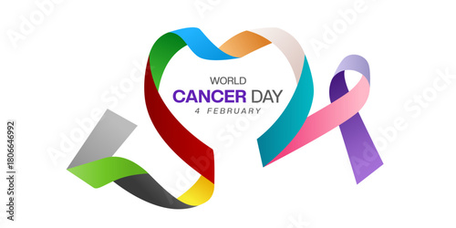 February 4 is World Cancer Day. Heart shape ribbon and colours. Suitable for posters, banners and social media. White background.