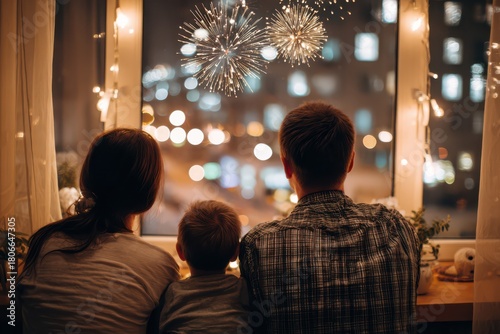 Family enjoying fireworks from apartment window at night