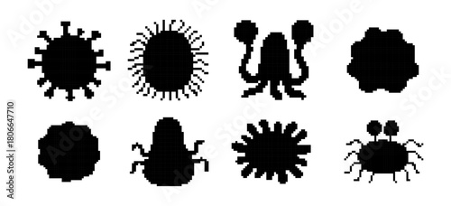 Pixelated Silhouettes of Imaginary Microscopic Organisms with Tentacles and Antennae
