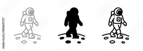 Astronaut Walking on Lunar Surface in Line Drawing and Silhouette Variations