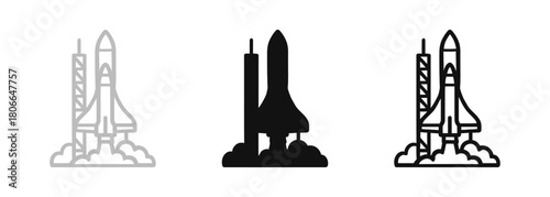 Space Shuttle Launch Pad Icon Set in Outline and Silhouette Style