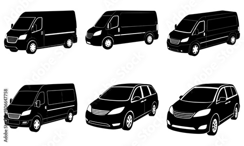 Illustration of six black vehicles including vans and minivans in a vector format design element