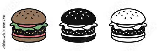 Burger Icons Showing Varied Design Styles and Representations of a Classic Fast Food Meal