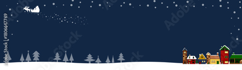 クリスマスの背景素材　サンタクロースとトナカイ　クリスマスツリーと冬の街並み　フレーム素材　バナー1