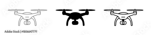 Three Drone Icons in Gray, Black, and Outline Illustration Set Against White Background