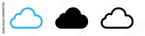 Three Cloud Icon Graphics in Blue, Black, and Outline on White Background