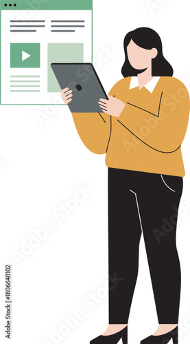 Woman using tablet, presenting content in a webpage, minimalist