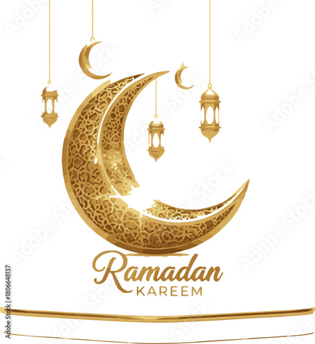 Isolated a Ramadan Ramadan Kareem holiday design. 3d Crescent moon decor displayed on podium. Suitable for Islamic holiday promo vector art with white background..