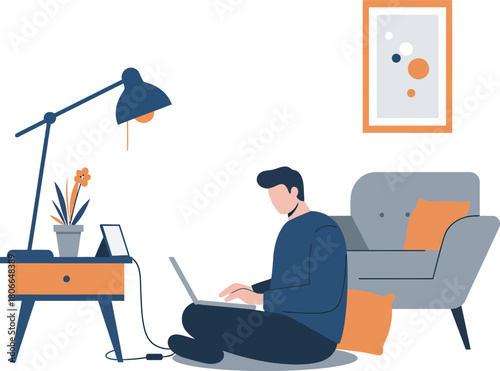 Illustration of man using laptop at home in bright, minimalist style