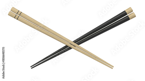 Crossed pair of wooden chopsticks, one black and one natural wood, on a white background vector
