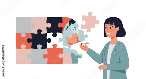 Female psychologist assembles a jigsaw puzzle of a human head, symbolizing psychotherapy and the process of self-discovery