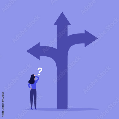 Choose a new career path, confused businesswoman choosing her career direction, make life decision choice.