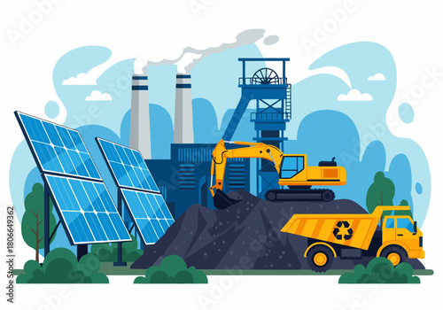 Renewable energy sources and fossil fuel extraction industry with solar panels, coal mine, excavator, and dump truck