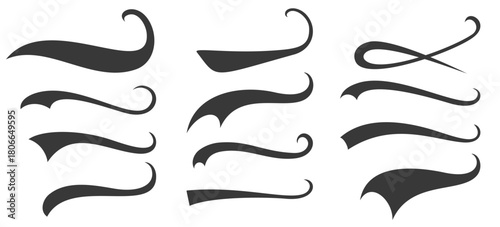 Calligraphic swoosh tail set. Baseball sports swash shape collection, text underlines for baseball design. Kit of font elements in retro style for athletics, baseball. Swirl stroke swish underline