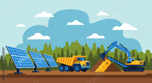 Solar panel array construction and earthmoving with excavator and dump truck renewable energy concept