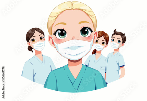 Group of Cartoon Healthcare Workers Wearing Face Masks in Medical Scrubs With Blue and White Uniforms in a Medical Setting Illustrated on a White Background