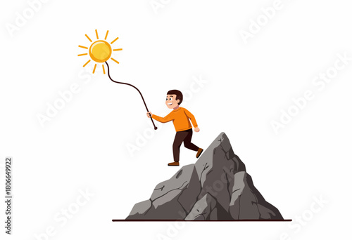 Illustration of Determined Character Climbing a Steep Mountain with a Stick Reaching for a Bright Sun, Symbolizing Aspirations and Overcoming Challenges