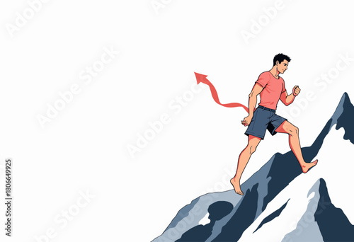 Illustration of a Man Climbing a Mountain with Determination and Focus, Demonstrating Personal Growth and Overcoming Challenges on a Journey to Success and Achievement
